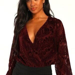 Lulus Gorgeous Radiance Burgundy Velvet Burnout Long Sleeve Bodysuit Red